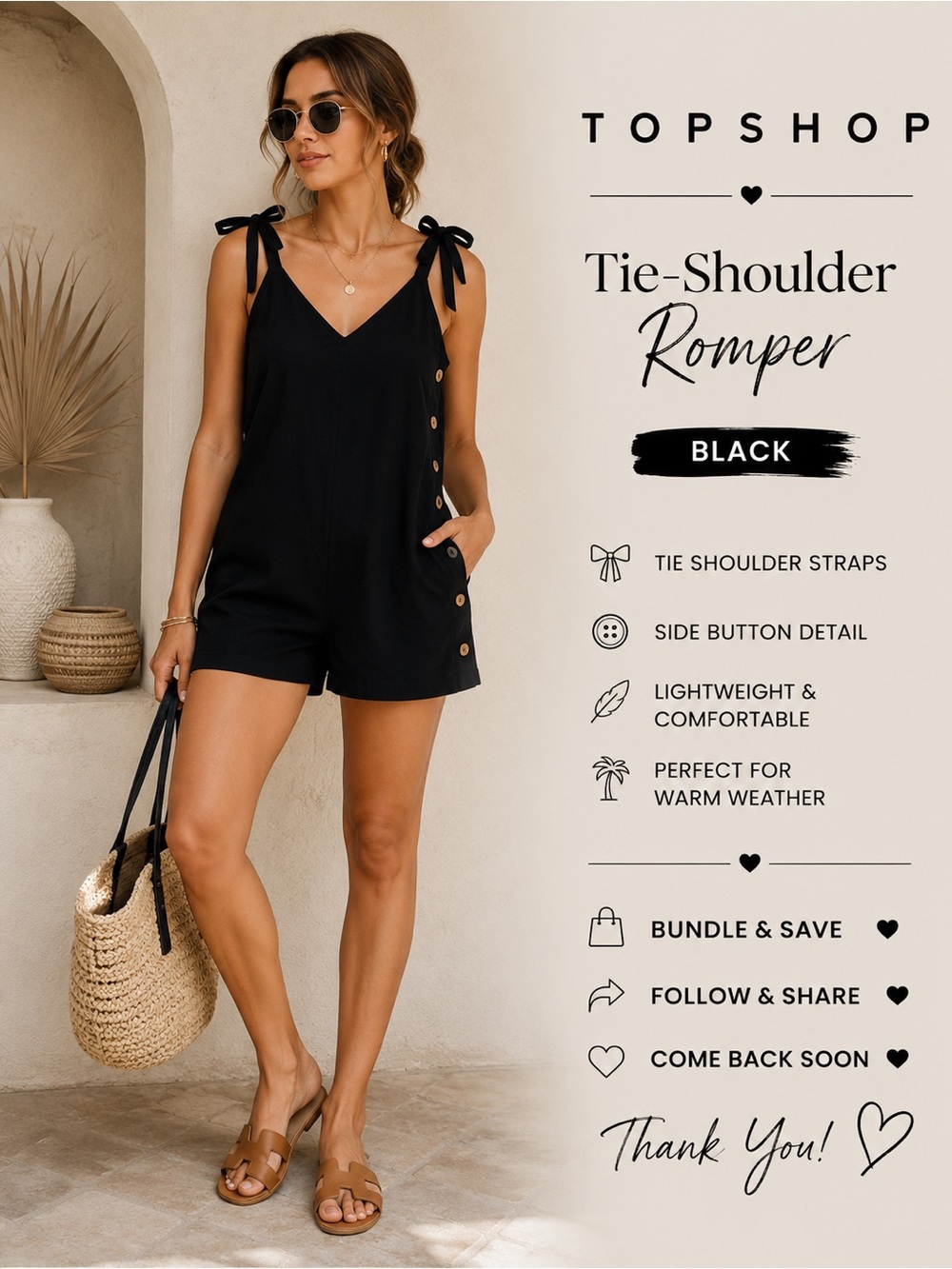Topshop Black Tie-Shoulder Button Detail Romper – Women’s US 8